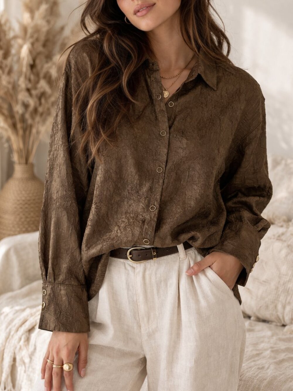 House of Harlow 1960 Crinkle Button-Up Blouse Brown Textured Long Sleeve S
